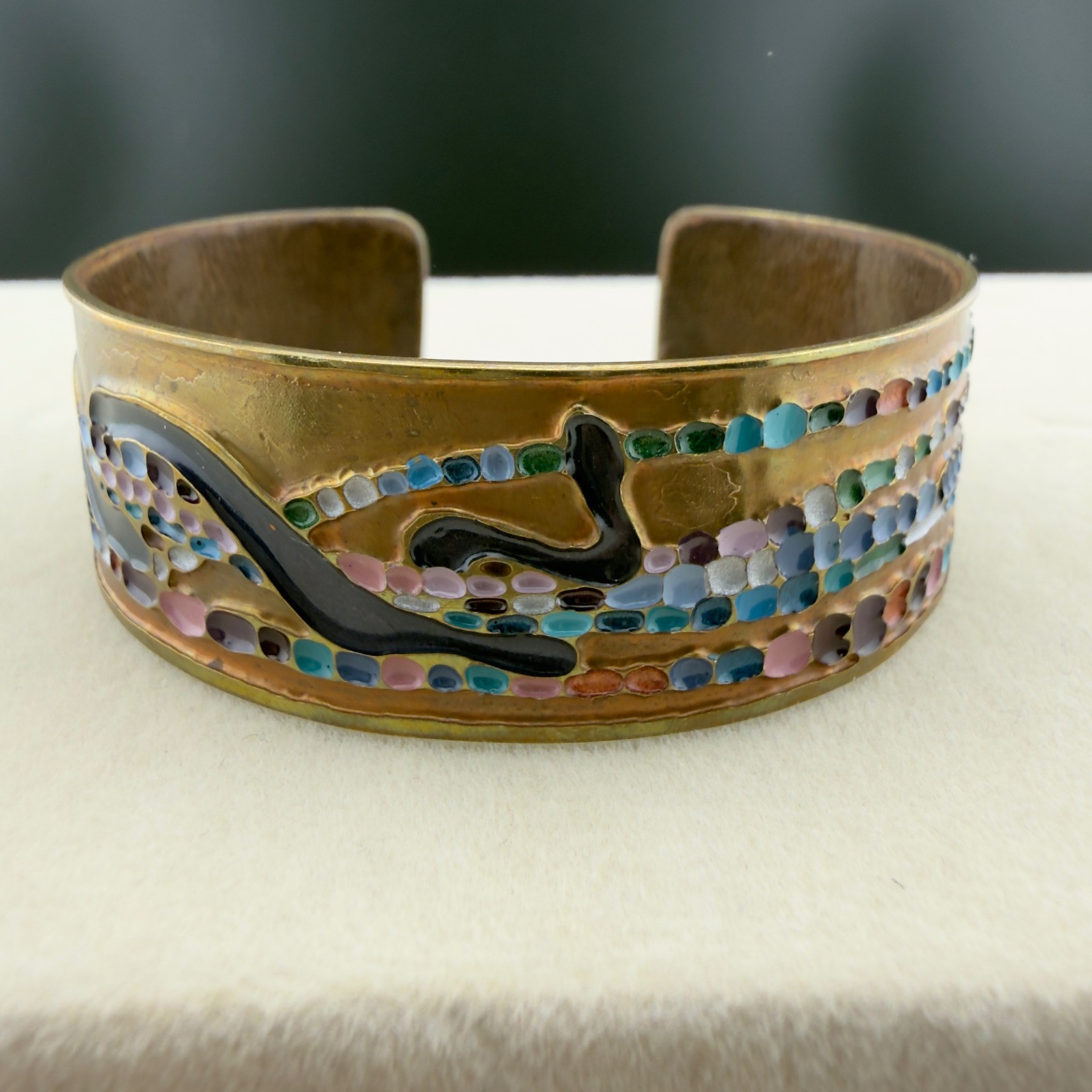 Brass Enamel Mosaic Leather Lined Cuff Bracelet Multicolor Artisan
